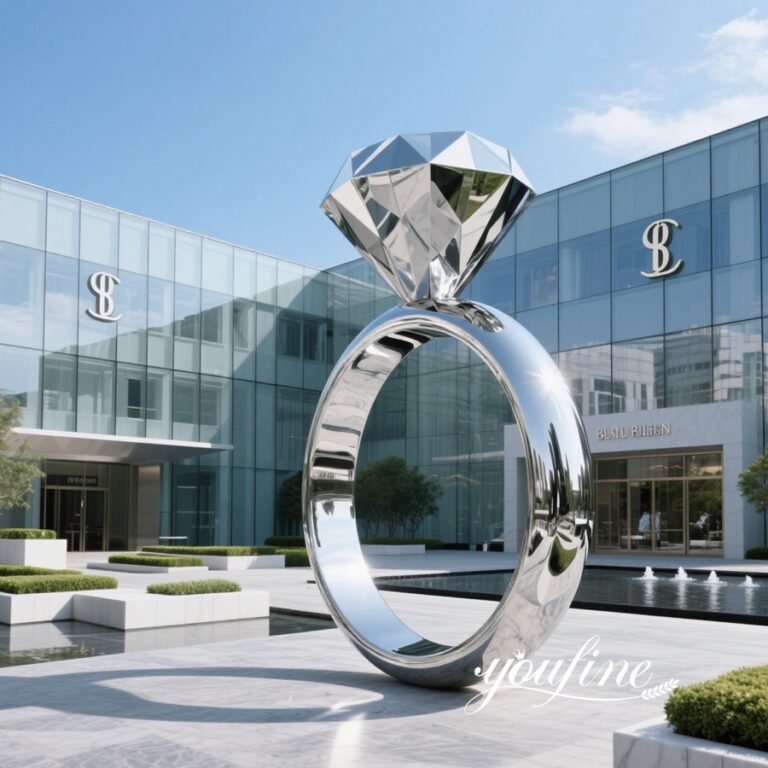 Modern 79 Inch Tall Stainless Steel Diamond Ring Sculpture for Brand Building Decor