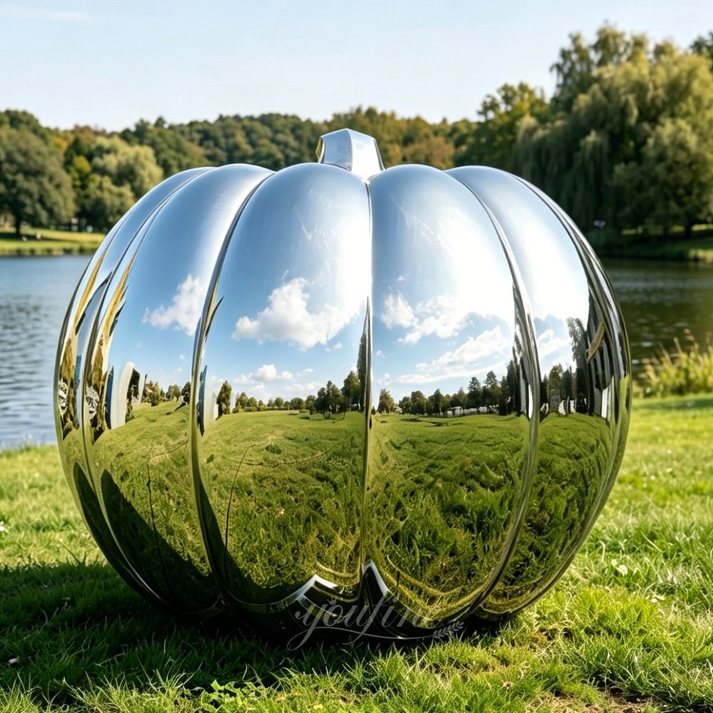 Modern Mirror Finish Stainless Steel Pumpkin Sculpture for Lakeside Decor