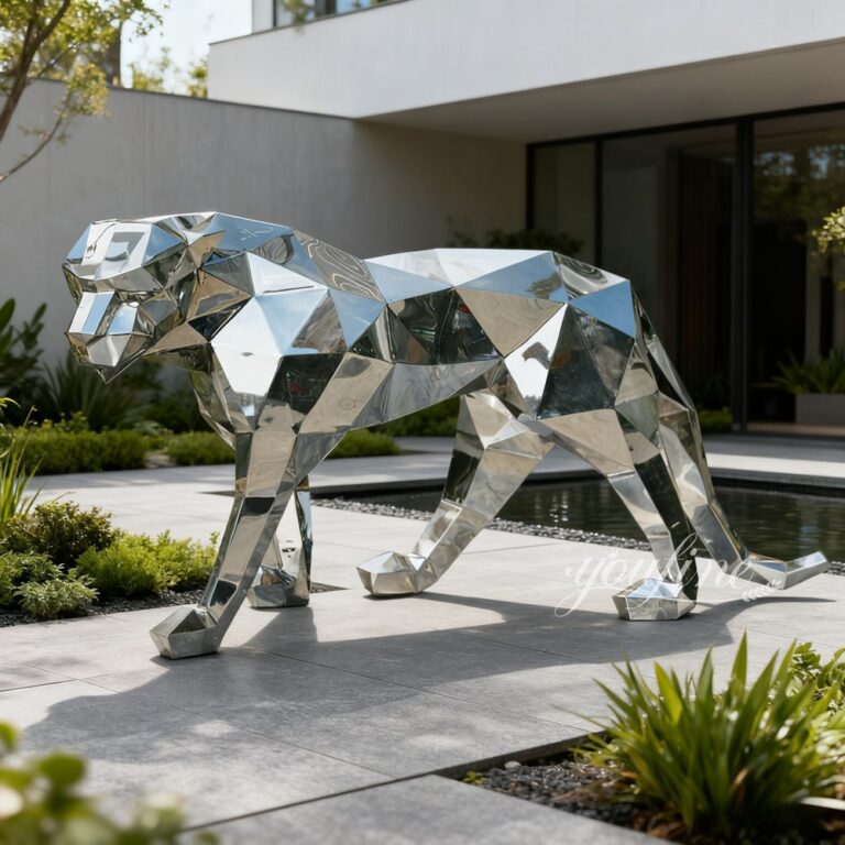Modern Mirror Stainless Steel Geometric Panther Statue for Yard Decor