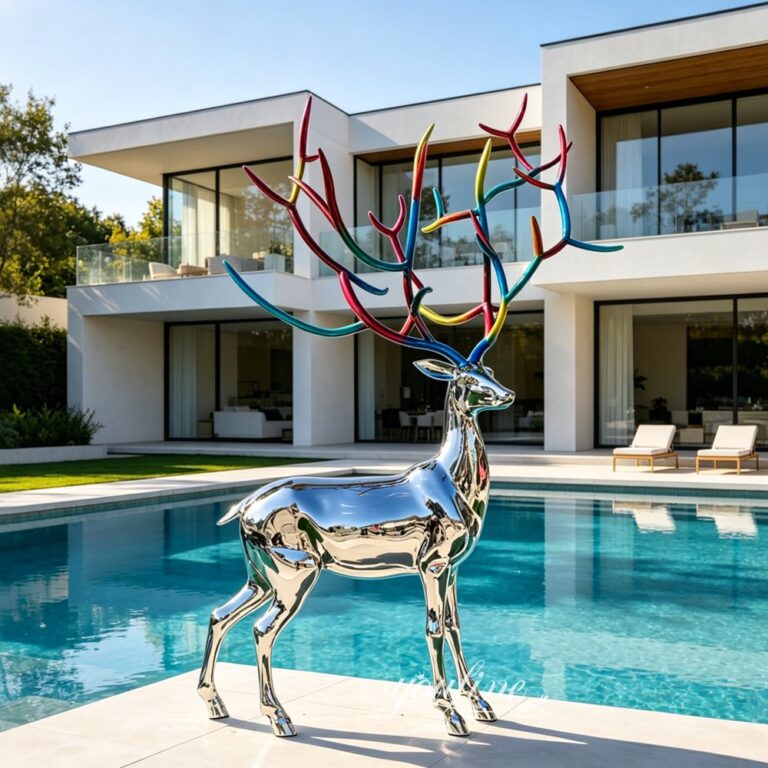 Modern Mirror-Polished Stainless Steel Deer Sculpture for Pool Decor