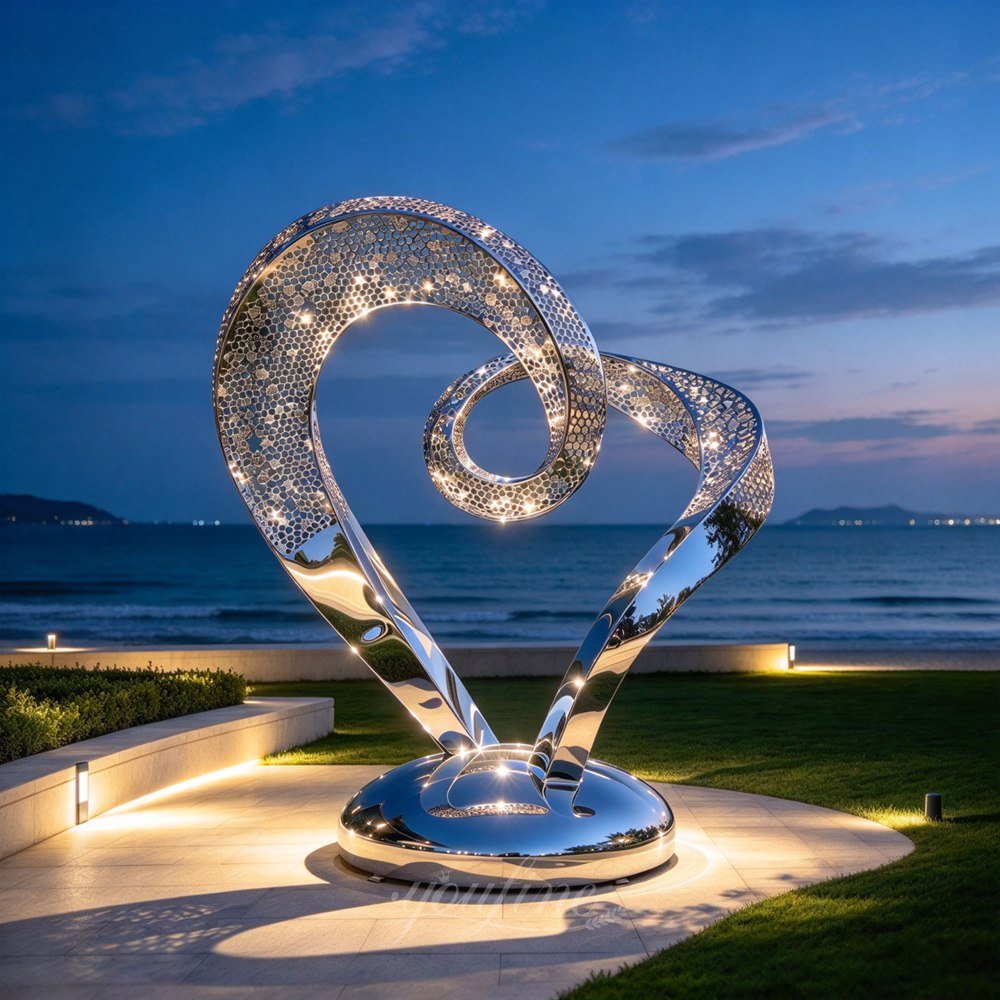 Modern Mirrored Abstract Hollow Heart Sculpture with Lighting Decor