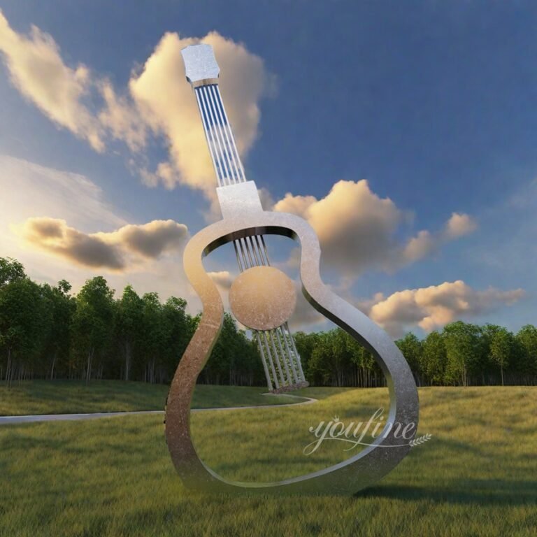 Modern Polished Stainless Steel Outdoor Guitar Sculpture for Lawn Decor