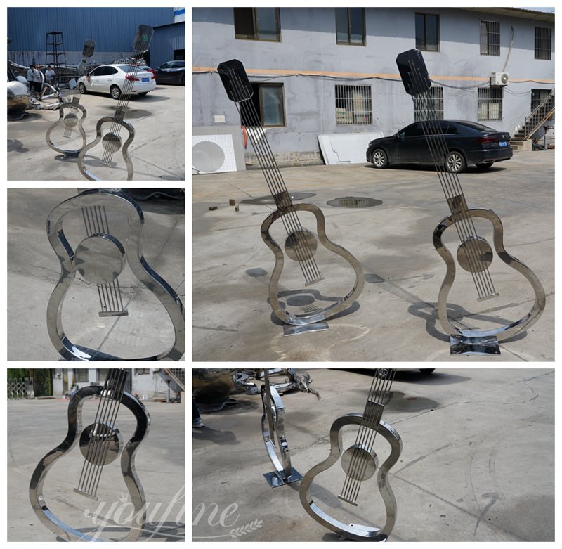 Modern Polished Stainless Steel Outdoor Guitar Sculpture Details