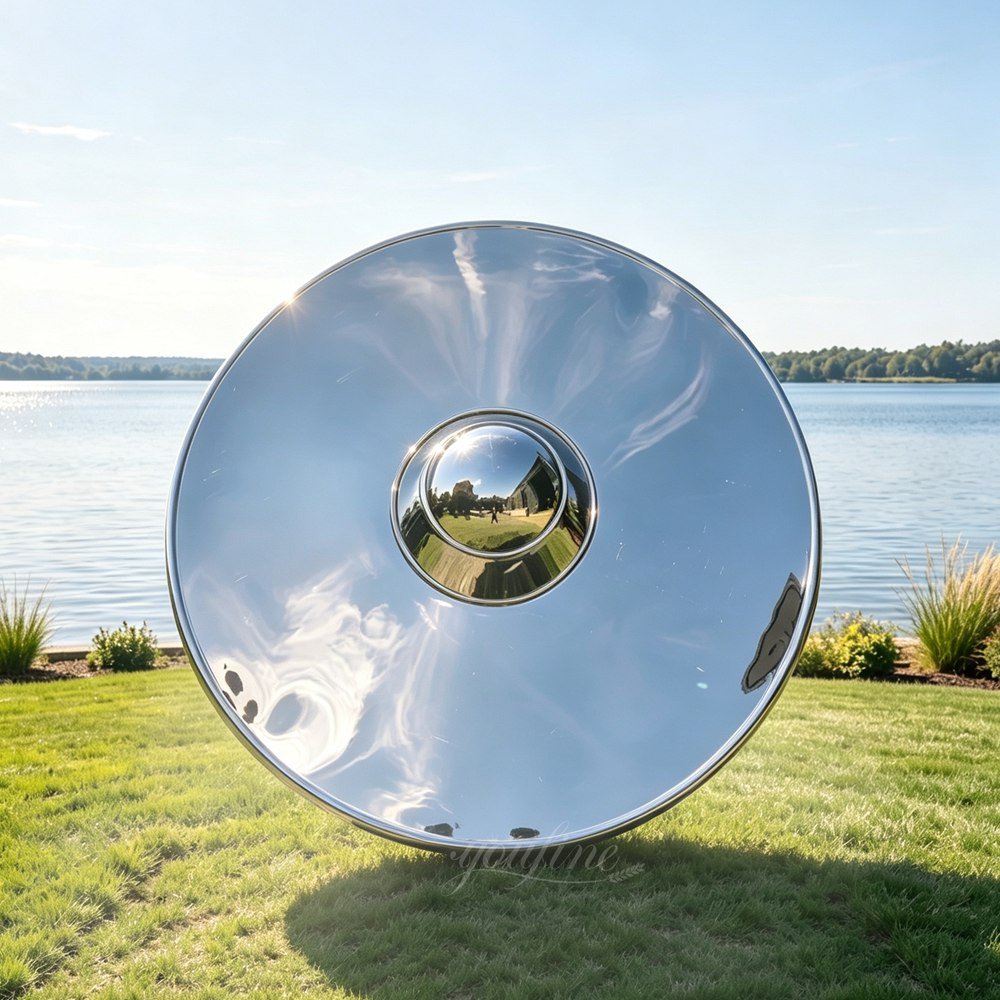 Modern Polished Stainless Steel UFO Sculpture for Lakeside Lawn Decor