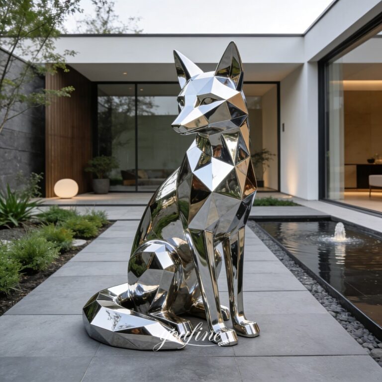 Modern Sitting Stainless Steel Geometric Fox Sculpture