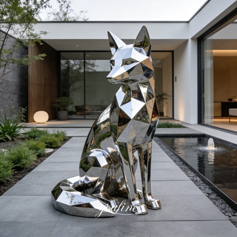 Modern Sitting Stainless Steel Geometric Fox Sculpture