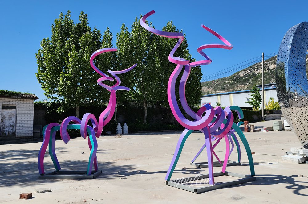 Modern Stainless Steel Abstract Line Deer Sculptures 