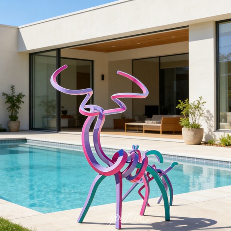 Modern Stainless Steel Abstract Line Deer Sculptures for Villa Pool Decor
