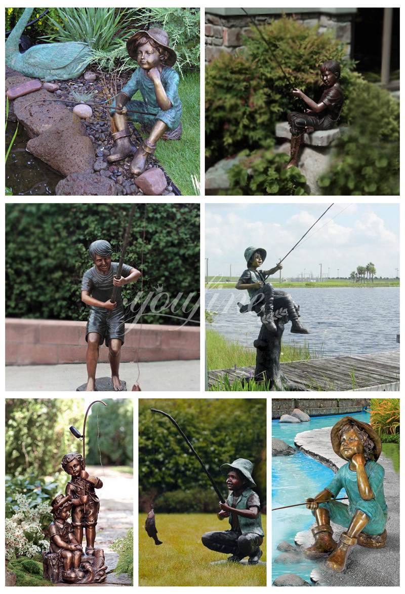 More Bronze Little Boy Fishing Garden Statue