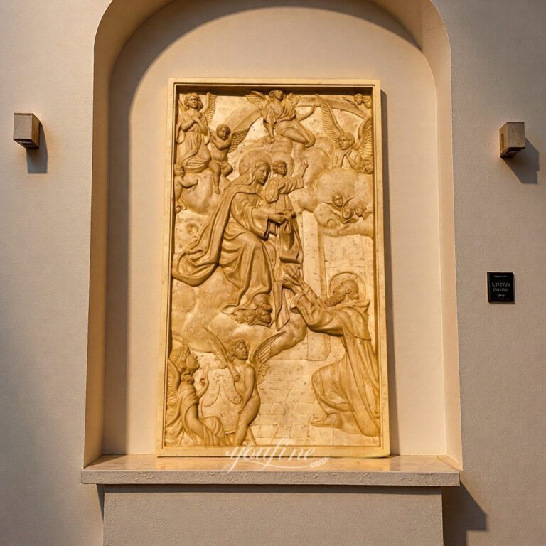 Natural Yellow Marble High Relief of the Virgin Mary and Child with Angels for Church Decor