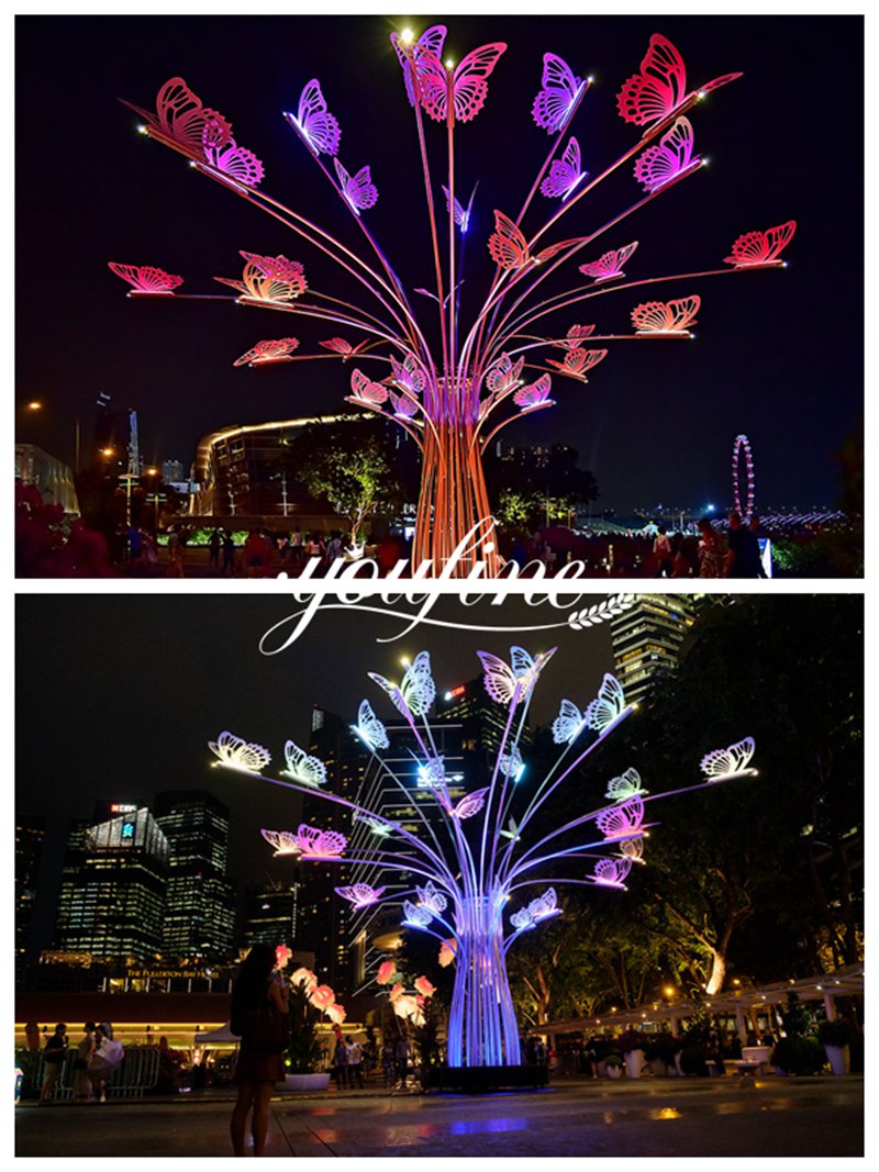 Outdoor Lighting Stainless Steel Tree Sculpture with Butterflies for Sale