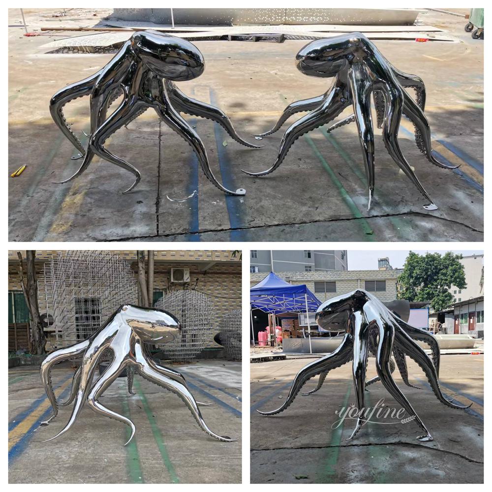 Pair of Large Stainless Steel Polished Octopus Sculptures Details