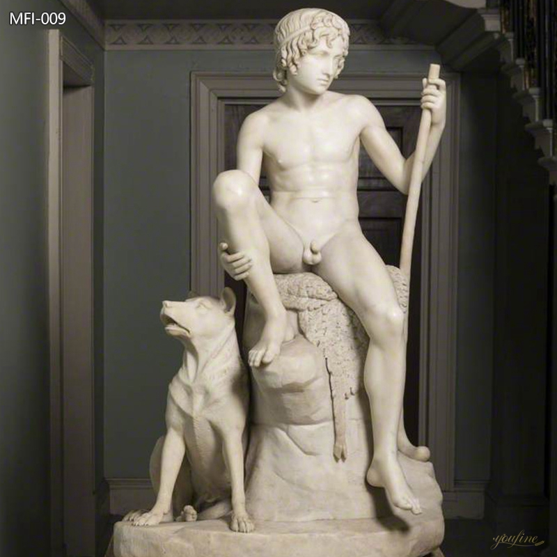 Perfect Marble Shepherd Boy with His Dog Sculpture for Sale