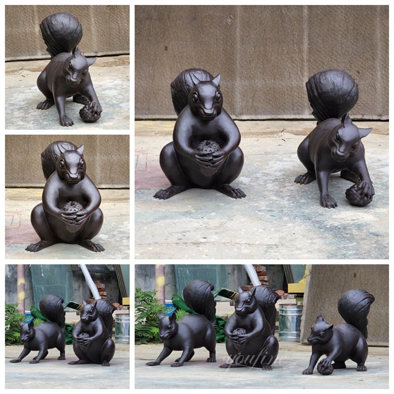 Playing Bronze Squirrel Statue Details
