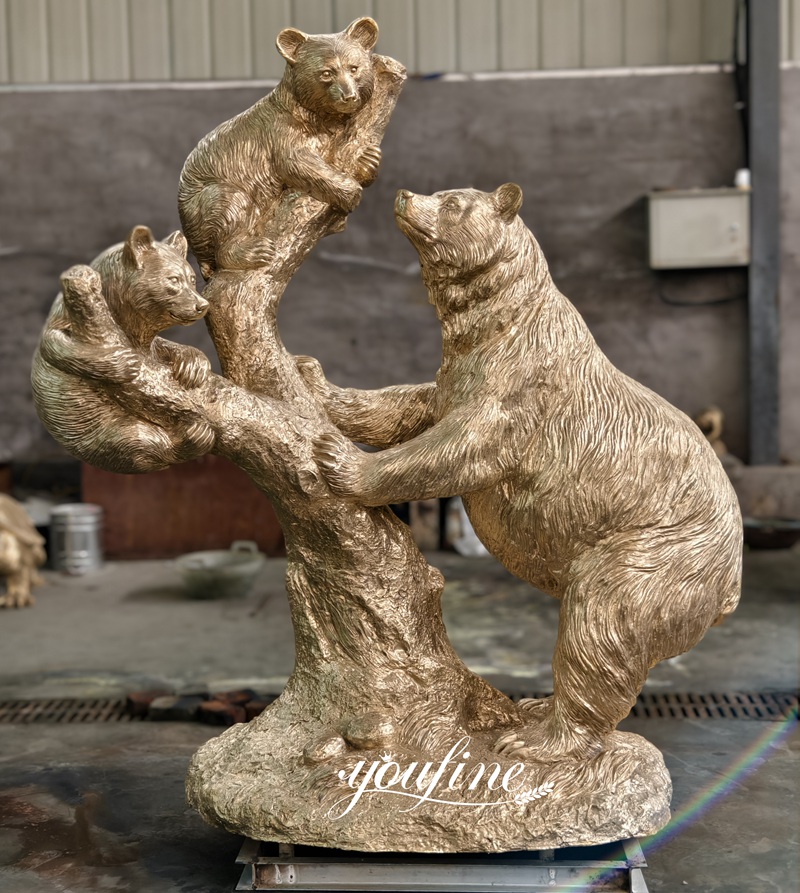 Polished Bronze Bear Climbing Tree Statue