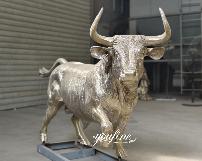 Polished Bronze Running Bull Statue