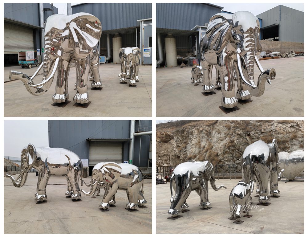 Polished Large Metal Elephant Group Statue Details