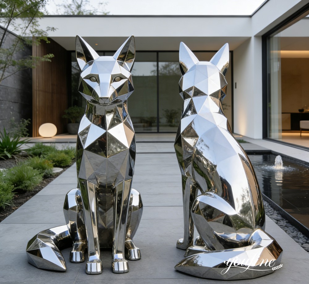 Polished Stainless Steel Geometric Fox Sculpture Details