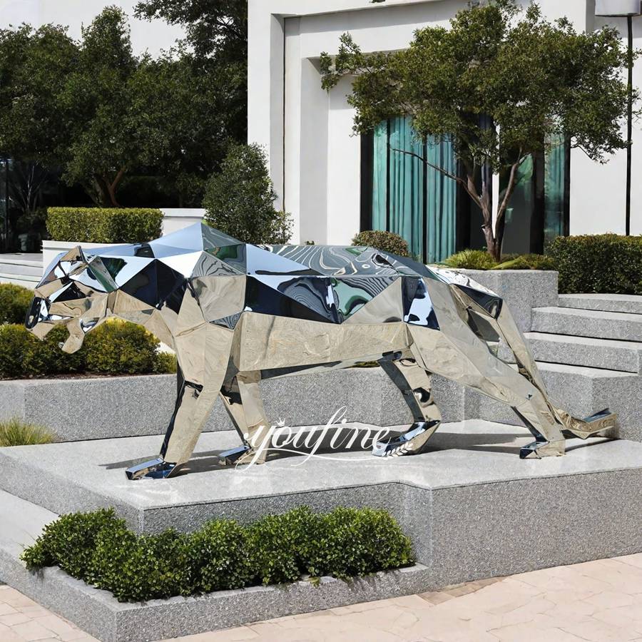 Polished Stainless Steel Geometric Panther Statue for Front Door Decor