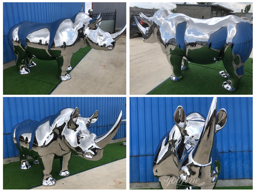 Polished Stainless Steel Large Rhino Statue Details