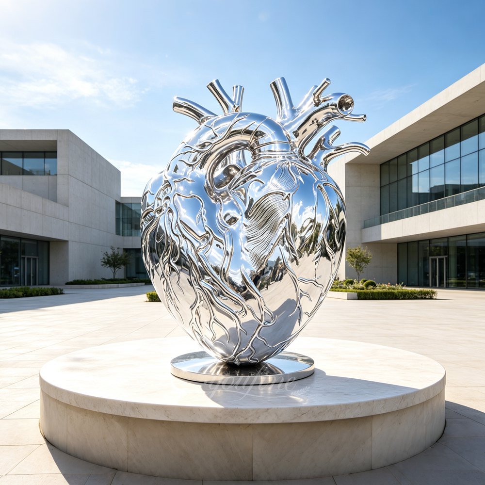 Polished stainless steel anatomical human heart sculpture for art park