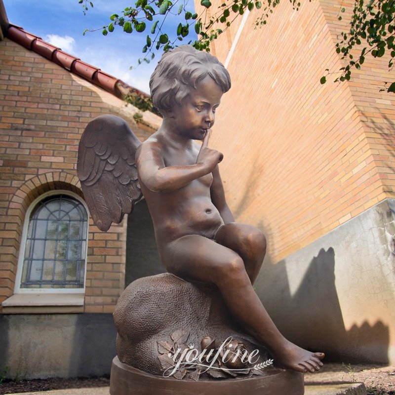 Brown Quiet Bronze Cherub Statue with Wings