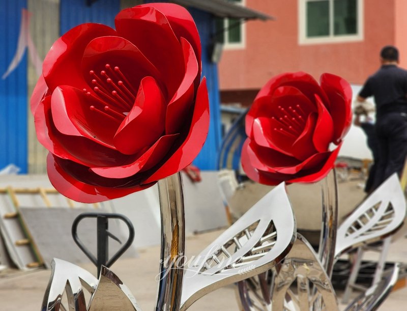 Red Metal Rose Sculpture Detail