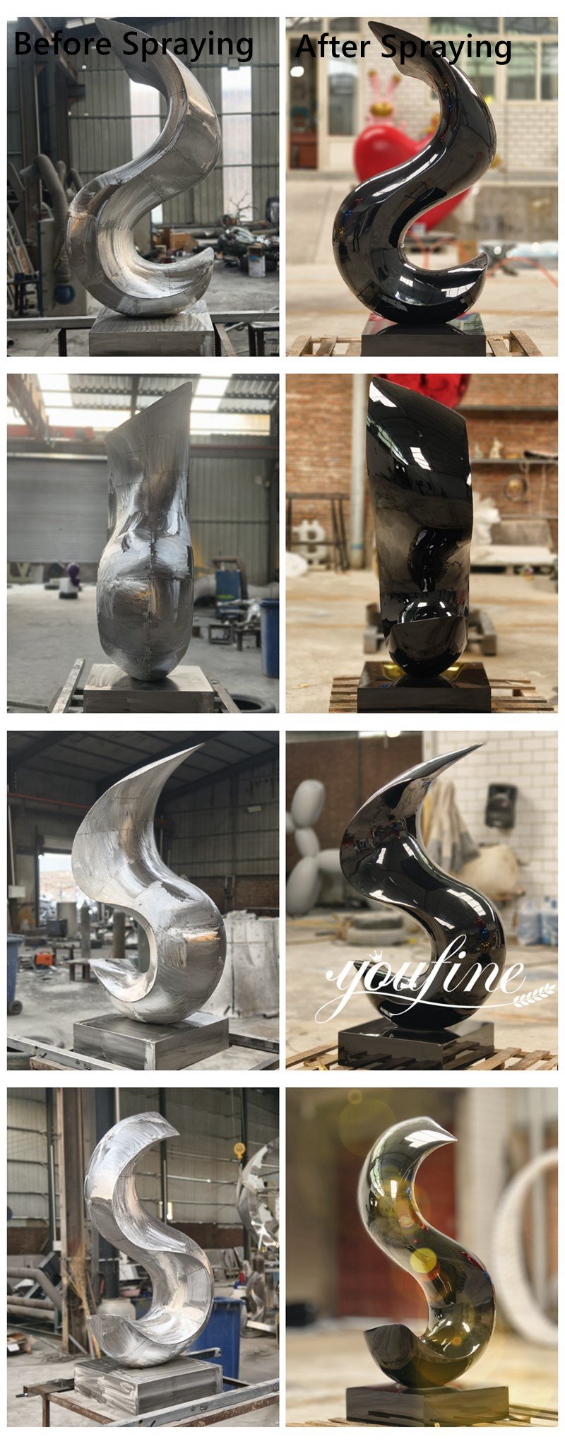 S-shaped black abstract stainless steel sculpture making process display