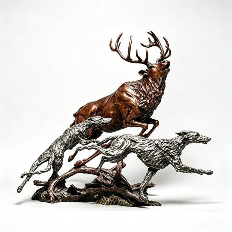 Sculpture of Dog Chasing A Deer in Bronze Metal