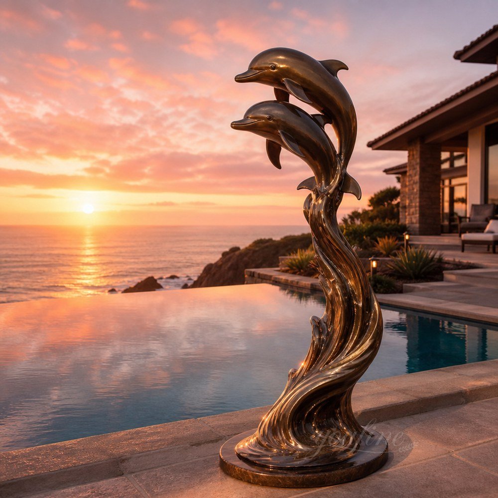 Seaside bronze dolphin sculpture