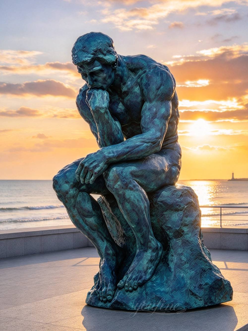 Seaside bronze thinker statue