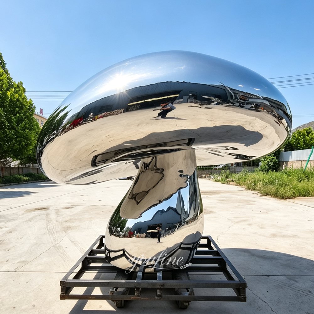 Showcase of the Finished Mirror-Finish Stainless Steel Mushroom Sculpture