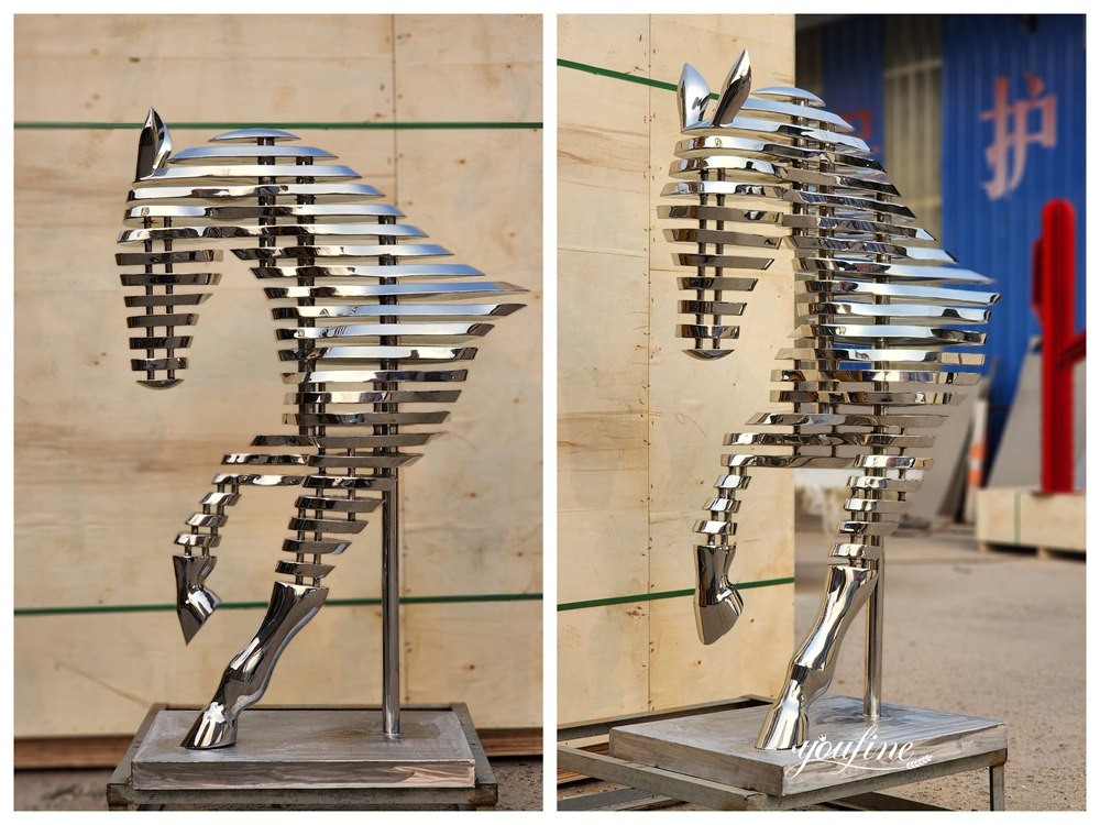 Stainless Steel Abstract Horse Head Sculpture with Sliced Strips Details