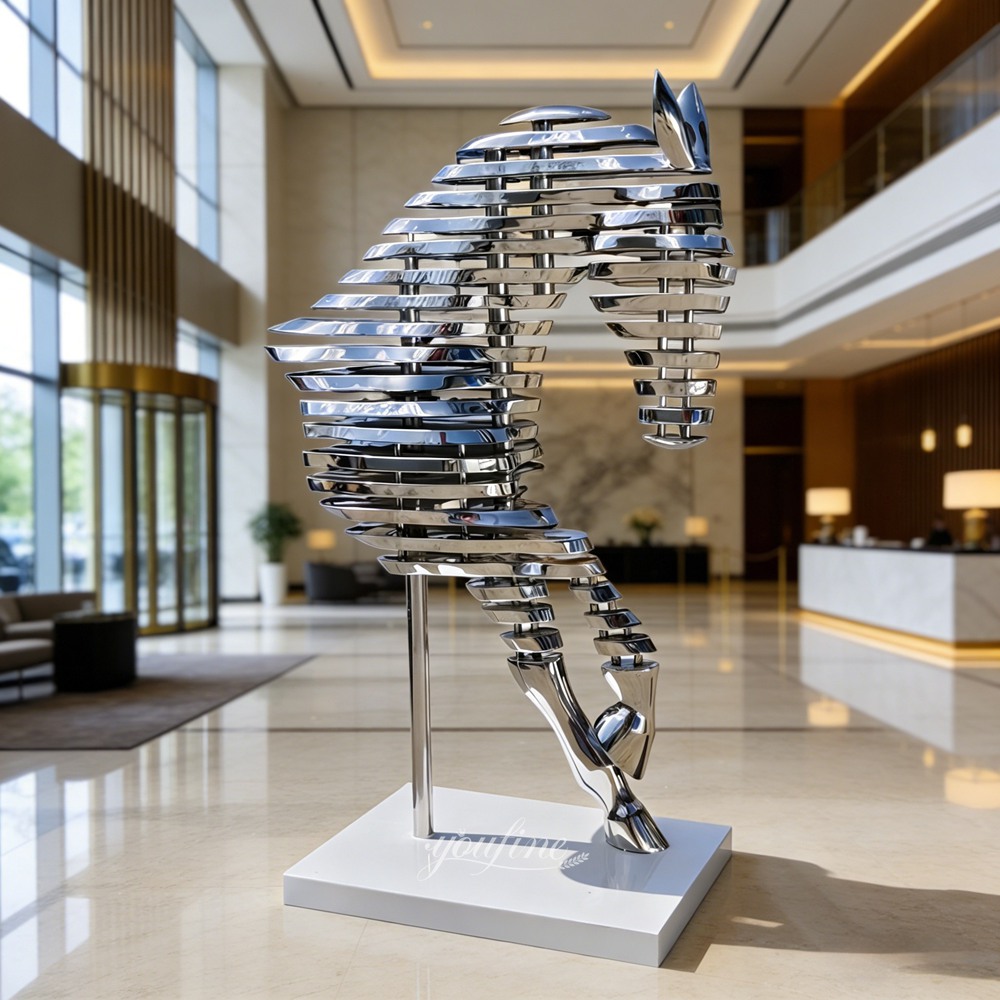 Stainless Steel Abstract Horse Head Sculpture with Sliced Strips for Hotel Lobby