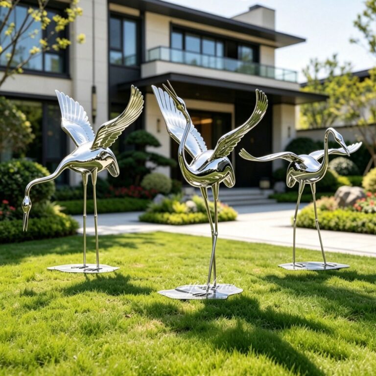 Stainless Steel Large Metal Crane Sculptures for Garden