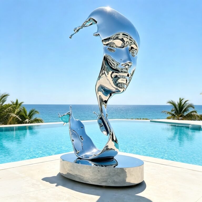 Stainless Steel Mirrored Fluid Face Art Sculpture for Seaside Pool