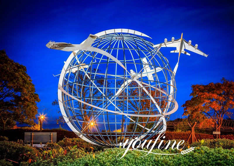 Stainless Steel World Globe sculpture with Airplanes