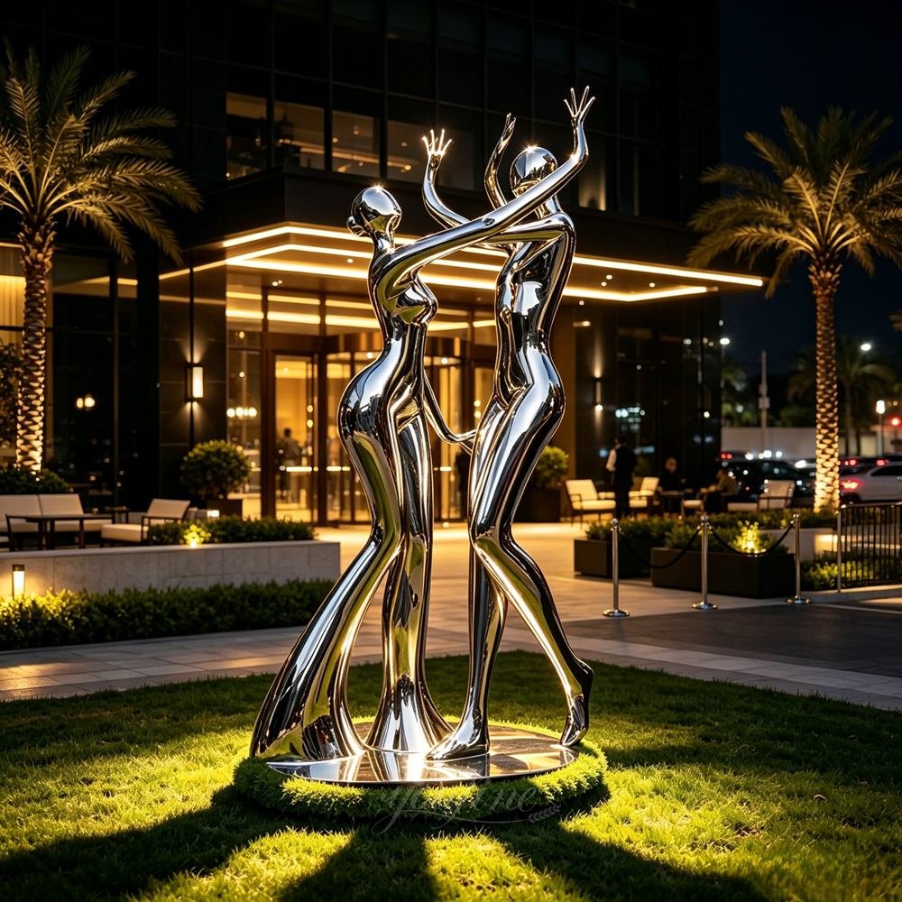 Stainless steel dancing couple sculpture for high-end entertainment venue lawn decor