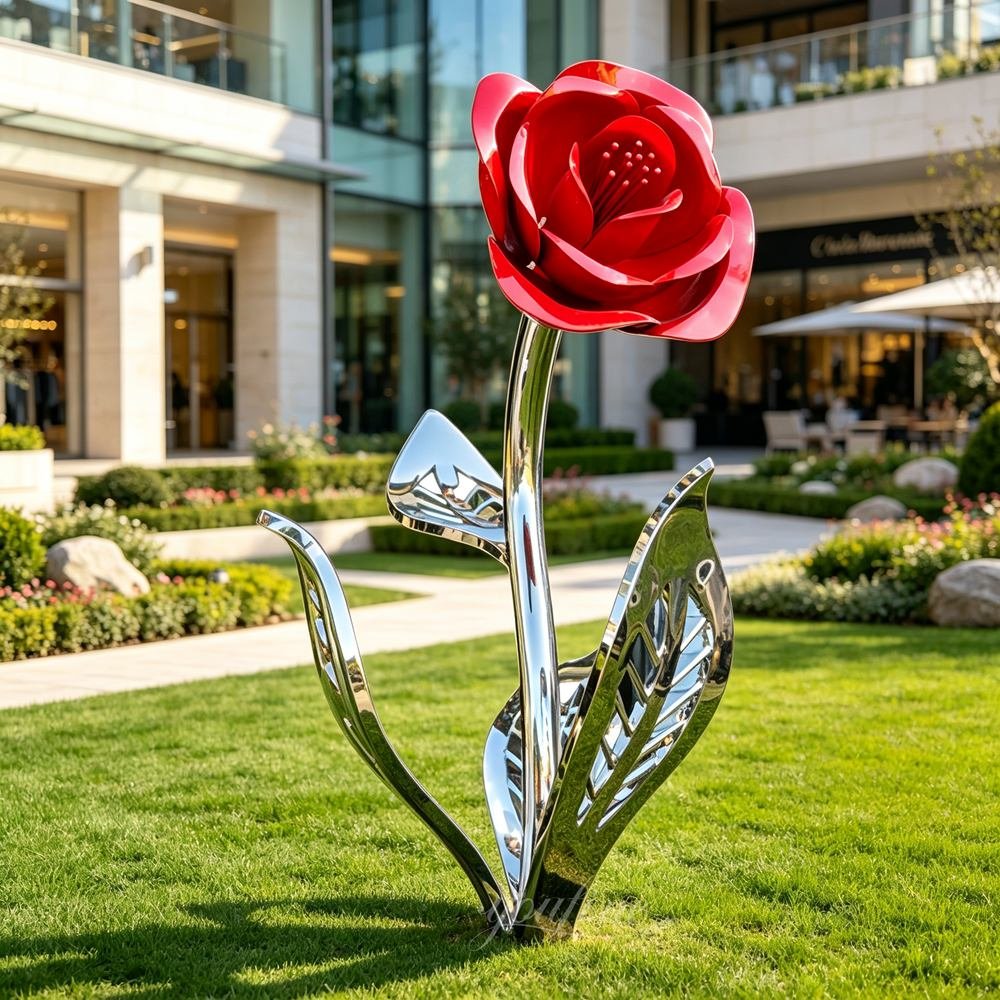 Stainless steel metal rose sculpture for shopping mall lawn decor
