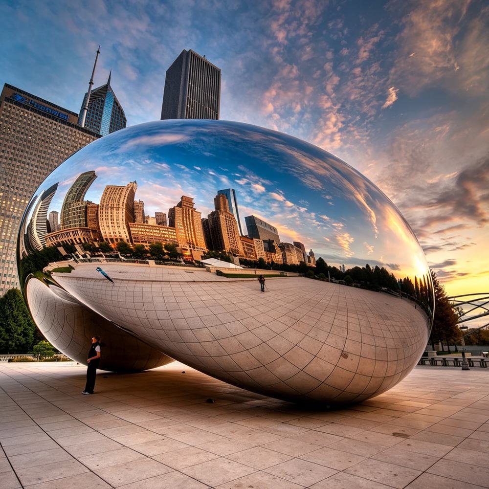 The Bean Sculpture Reflecting Chicago Skyscrapers at Sunset