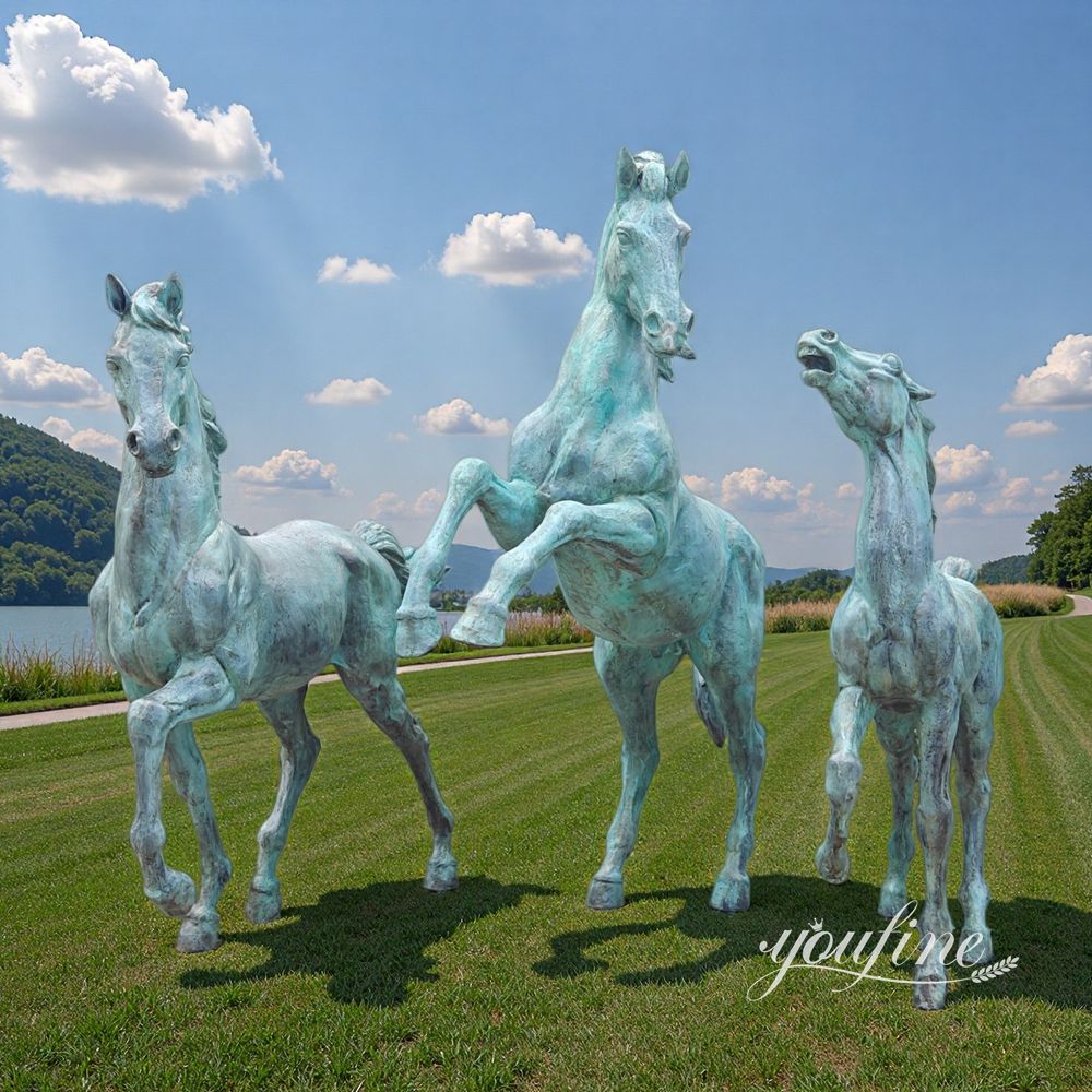 Large Three Funny Vintage Bronze Horses for Lawn Decor