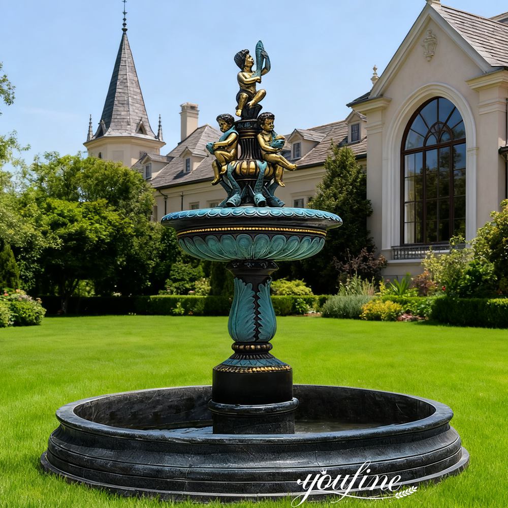 Large Tiered Bronze Child Fountain with Fish for Garden Decor