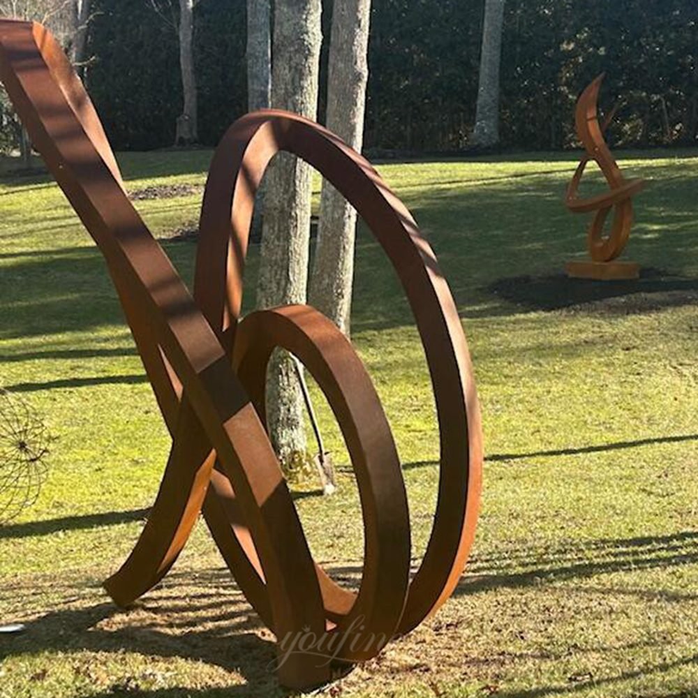 US lawn abstract linear corten steel sculpture