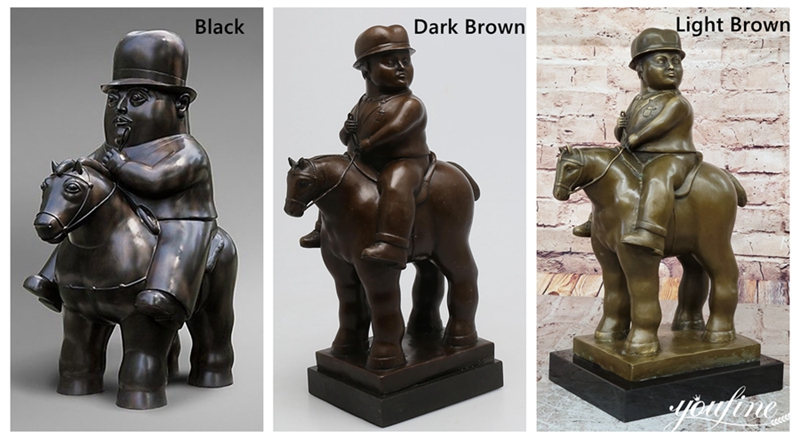 Various Colors of Bronze Fernando Botero Man on Horse Sculptures