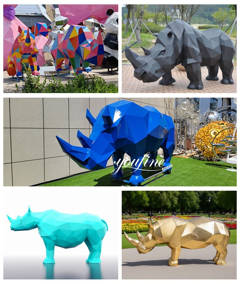 Various Colors of Geometric Metal Rhino Sculptures
