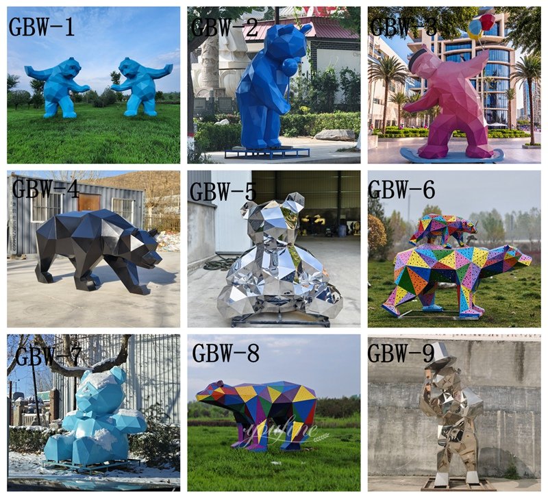 Various Styles of Stainless Steel Geometric Bear Sculptures