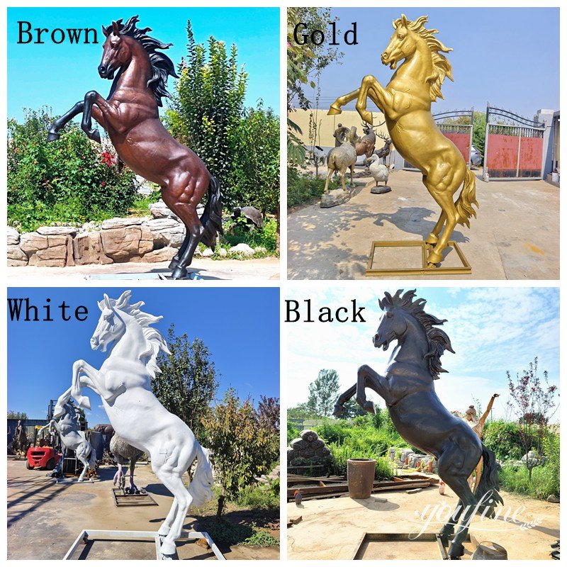 Various colors of bronze rearing horse statues