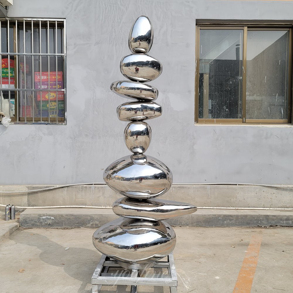Vertical Stacked Pebble Mirror Stainless Steel Sculpture