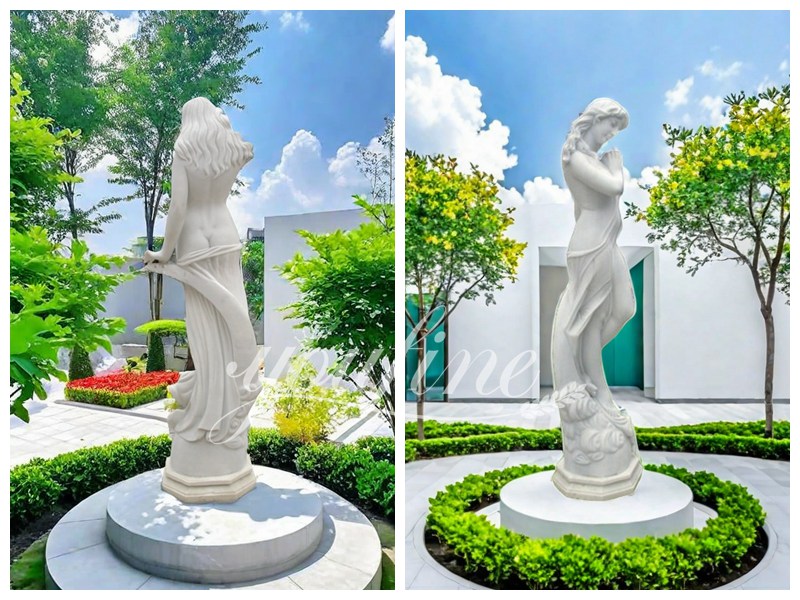 White Marble Female Statue with Moon for Garden Decor