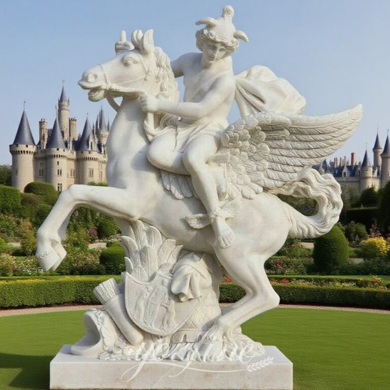 White Marble Mercury Riding Pegasus Statue with Base for Castle Decor